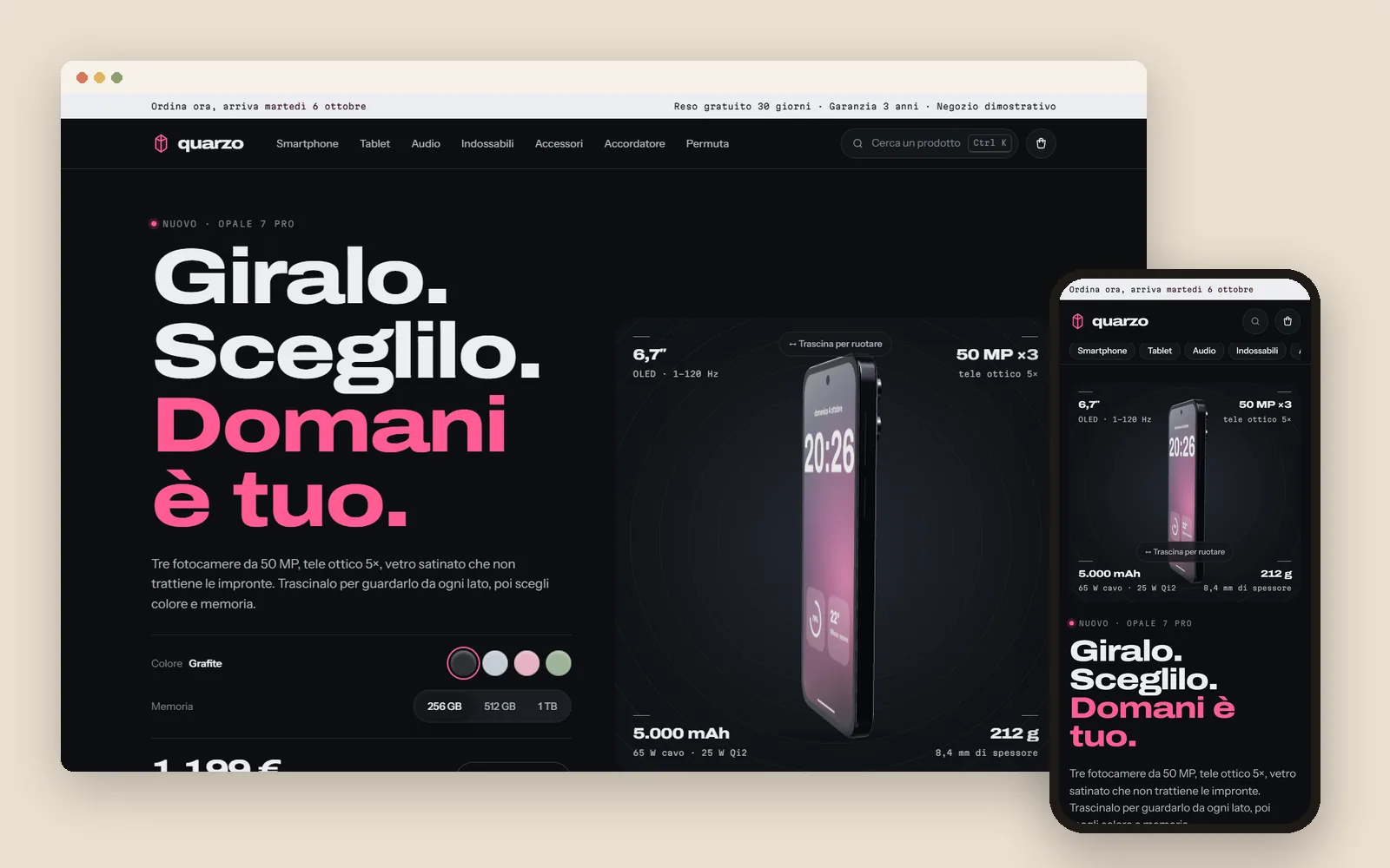 Il sito di Quarzo visto su computer e telefono
